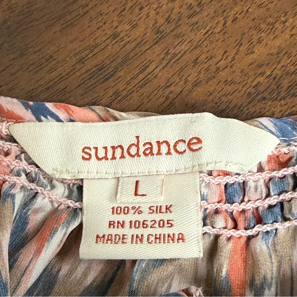 Sundance Silk Boho Blouse Orange Blue Ikat Peasant Top Large Button Front - Picture 7 of 8